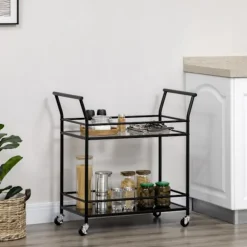 Køkkenvogn, Rullevogn, Serveringsvogn Med 2 Hylder, Vogn, Sidevogn På Hjul, Metalopbevaringsvogn, Sort, 75 X 40 X 80 Cm