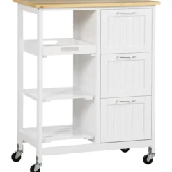 Køkkenvogn, serveringsvogn med 3 skuffer, 3 etager, bordplade, køkkenvogn, opbevaringsvogn, hvid, 67 x 37 x 85 cm
