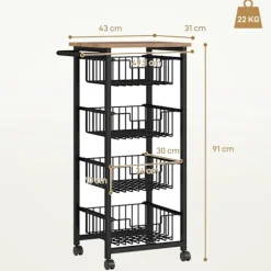 Køkkenvogn serveringsvogn med bordplade, 4 udtrækbare stålkurve, vogn til kontor, 49,5 x 31 x 91 cm, eg