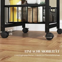 Køkkenvogn serveringsvogn med bordplade, 4 udtrækbare stålkurve, vogn til kontor, 49,5 x 31 x 91 cm, eg