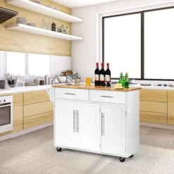 Køkkenvogn/Trolley på hjul 122x46x92,3CM i træ med justerbar hylde Håndklædeholder Knivholder Hvid