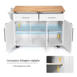 Køkkenvogn/Trolley på hjul 122x46x92,3CM i træ med justerbar hylde Håndklædeholder Knivholder Hvid