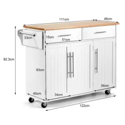 Køkkenvogn/Trolley på hjul 122x46x92,3CM i træ med justerbar hylde Håndklædeholder Knivholder Hvid