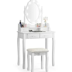 Klassisk toiletbord sæt med skammel LED-pærer kosmetikbord 75 x 40 x 146 cm hvid