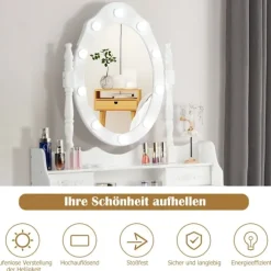 Klassisk toiletbord sæt med skammel LED-pærer kosmetikbord 75 x 40 x 146 cm hvid