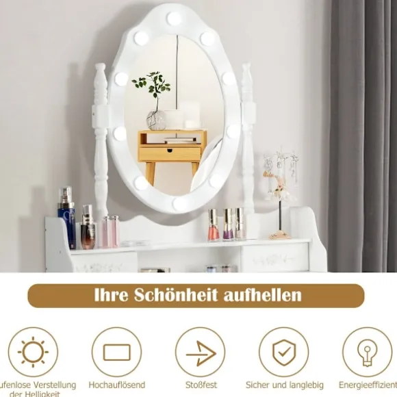 Klassisk toiletbord sæt med skammel LED-pærer kosmetikbord 75 x 40 x 146 cm hvid