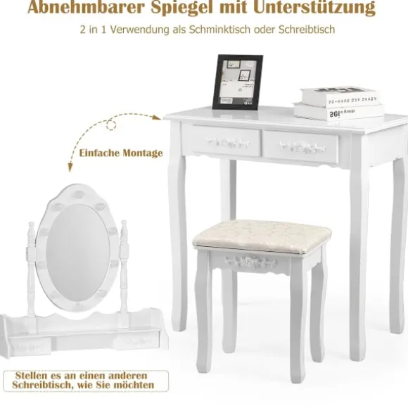 Klassisk toiletbord sæt med skammel LED-pærer kosmetikbord 75 x 40 x 146 cm hvid