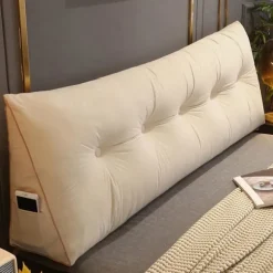 Komfortabel lændepude til seng, læsepude, rygstøttepude, trekantformet hovedpude, sengskilepude, stor læsepude 80x50x20cm, beige