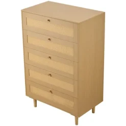Kommode - DUOKU - ZD-25TB03 - 5 Skuffer - Syntetisk Rattan - Naturligt Træ naturligt trä