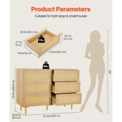 Kommode - DUOKU - ZD-25TB01 - 6 Skuffer - Syntetisk Rattan - Boheme Stil naturligt trä