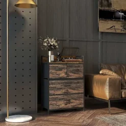 Kommode 4 foldbare stofskuffer Hyldehåndtag Opbevaringsskab Industrielt design Stålramme Rustik Brun