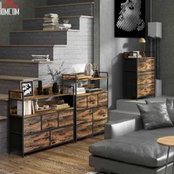 Kommode 4 foldbare stofskuffer Hyldehåndtag Opbevaringsskab Industrielt design Stålramme Rustik Brun