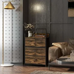 Kommode 4 foldbare stofskuffer Hyldehåndtag Opbevaringsskab Industrielt design Stålramme Rustik Brun