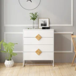 Kommode i massivt træ med 4 skuffer, specielt firkantet håndtagsdesign, kommode til soveværelset, naturlig White