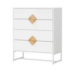 Kommode i massivt træ med 4 skuffer, specielt firkantet håndtagsdesign, kommode til soveværelset, naturlig White