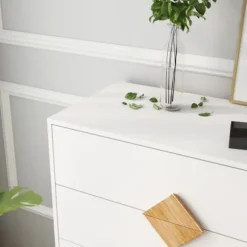 Kommode i massivt træ med 4 skuffer, specielt firkantet håndtagsdesign, kommode til soveværelset, naturlig White