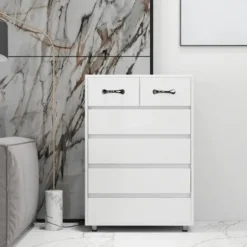 Kommode med 6 skuffer, hvidt sengebord, natbord til soveværelset med opbevaring, moderne White