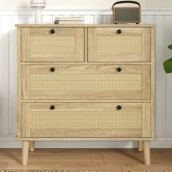 Kommode med 4 skuffer i rattan, opbevaringsskab med ben i massivt træ, garderobeskab Oak