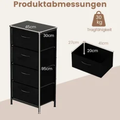 Kommode med 4 skuffer og træplade, metalstel, sort