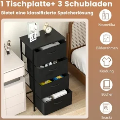 Kommode med 4 skuffer og træplade, metalstel, sort