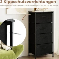 Kommode med 4 skuffer og træplade, metalstel, sort