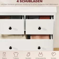 Kommode med 4 skuffer til tøj og sengetøj, hvid MDF