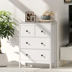 Kommode med 4 skuffer til tøj og sengetøj, hvid MDF