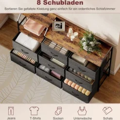 Kommode med 8 stofskuffer, stålramme, ladestation