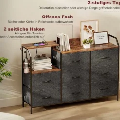 Kommode med 8 stofskuffer, stålramme, ladestation