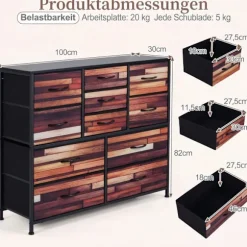 Kommode med 11 stofskuffer, metalramme, træplade