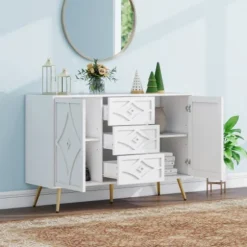 Kommode med diamantmønster og guldfødder, 3 skuffer og 2 døre, 120x80cm, hvid, elegant design til flere rum White