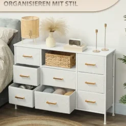 Kommode med opbevaring og 8 stofskuffer, stålramme, cremefarvet