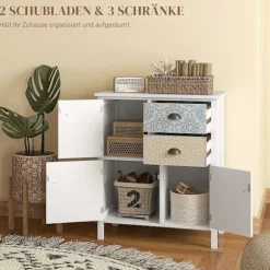 Kommode Opbevaringsskab 2 Skuffer 3 Rum Vippebeskyttelse Stue Soveværelse Hvid 68X34X80Cm