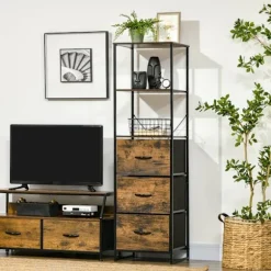 Kommode, opbevaringsskab med 3 foldbare stofskuffer, 2 hylder, sideskab i industriel stil til stuen, rustik brun