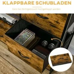 Kommode, opbevaringsskab med 3 foldbare stofskuffer, 2 hylder, sideskab i industriel stil til stuen, rustik brun