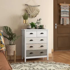 Kommode Opbevaringsskab Med 5 Skuffer, Skuffeskab Med Håndtag, Anti-Tip, Til Soveværelse, Stue, Hvid, 70 X 38 X 85 Cm