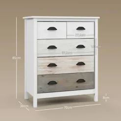 Kommode Opbevaringsskab Med 5 Skuffer, Skuffeskab Med Håndtag, Anti-Tip, Til Soveværelse, Stue, Hvid, 70 X 38 X 85 Cm