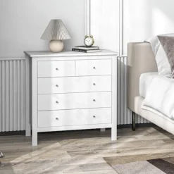 Kommode Sideskab 5 Skuffer Skænk Anti-Tilt Skuffe Kommode Soveværelse Stue Hvid 79 X 39,5 X 80,5 Cm