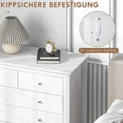 Kommode Sideskab 5 Skuffer Skænk Anti-Tilt Skuffe Kommode Soveværelse Stue Hvid 79 X 39,5 X 80,5 Cm