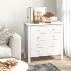 Kommode Sideskab 5 Skuffer Skænk Anti-Tilt Skuffe Kommode Soveværelse Stue Hvid 79 X 39,5 X 80,5 Cm
