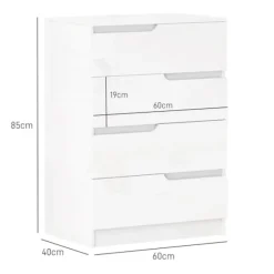 Kommode sideskab med 4 skuffer, kommode til stue, soveværelse, hvid højglans 60 x 40 x 85cm |
