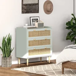 Kommode sideskab med 3 skuffer, skænk med boho stil, rattan look, skuffe kommode til stue, soveværelse, lyseblå 80 x 40 x 87,5 cm
