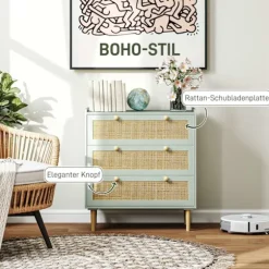 Kommode sideskab med 3 skuffer, skænk med boho stil, rattan look, skuffe kommode til stue, soveværelse, lyseblå 80 x 40 x 87,5 cm