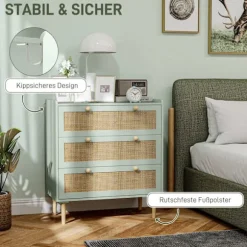 Kommode sideskab med 3 skuffer, skænk med boho stil, rattan look, skuffe kommode til stue, soveværelse, lyseblå 80 x 40 x 87,5 cm