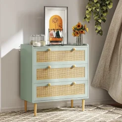 Kommode sideskab med 3 skuffer, skænk med boho stil, rattan look, skuffe kommode til stue, soveværelse, lyseblå 80 x 40 x 87,5 cm