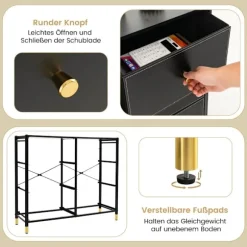 Kommode til soveværelse med 6 skuffer høj stof kommode med metalramme 89 x 30 x 76,5 cm sort