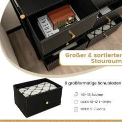 Kommode til soveværelse med 6 skuffer høj stof kommode med metalramme 89 x 30 x 76,5 cm sort