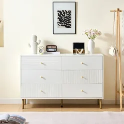 Kommode 120x40x78 cm med 6 skuffer - Hvid, zinklegeringshåndtag & stålben, MDF White