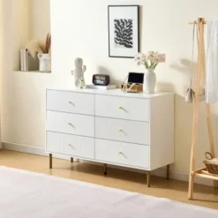 Kommode 120x40x78 cm med 6 skuffer - Hvid, zinklegeringshåndtag & stålben, MDF White