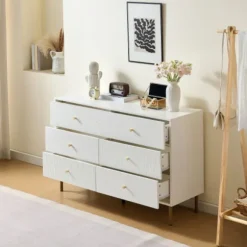Kommode 120x40x78 cm med 6 skuffer - Hvid, zinklegeringshåndtag & stålben, MDF White